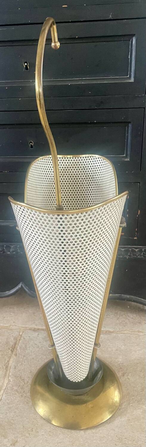 Metal umbrella stand with rigitulle and brass from the 1950s.