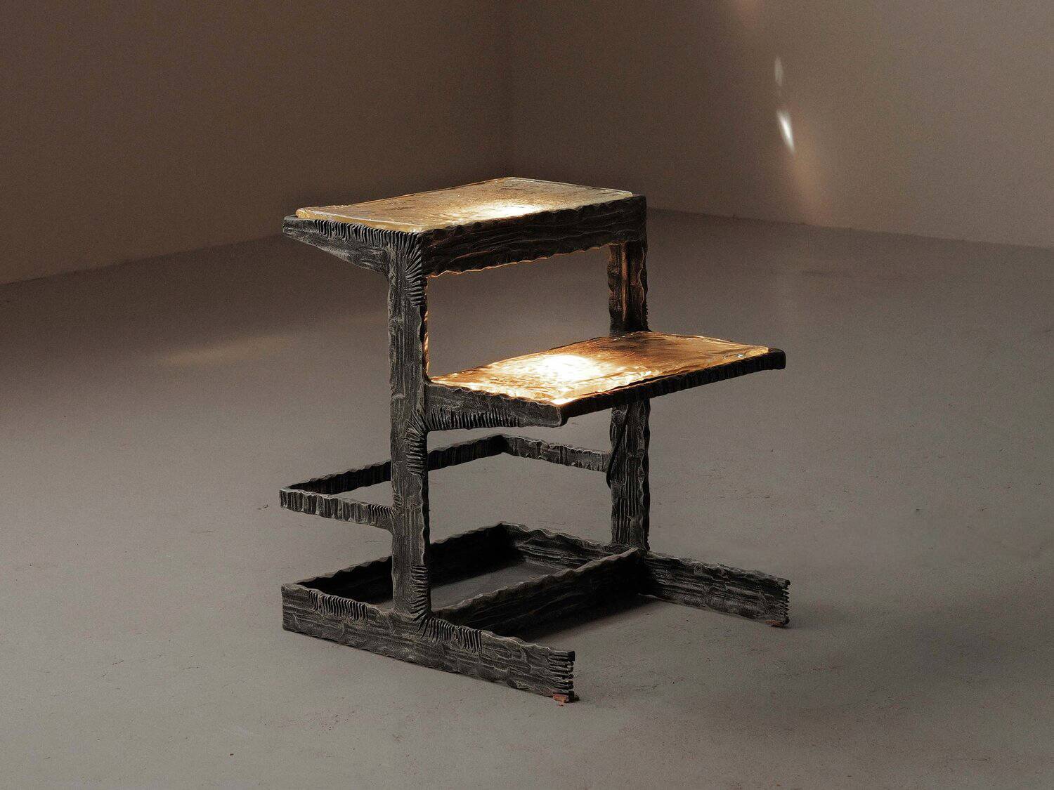 Illuminated side table in wrought iron, France, circa 1970.