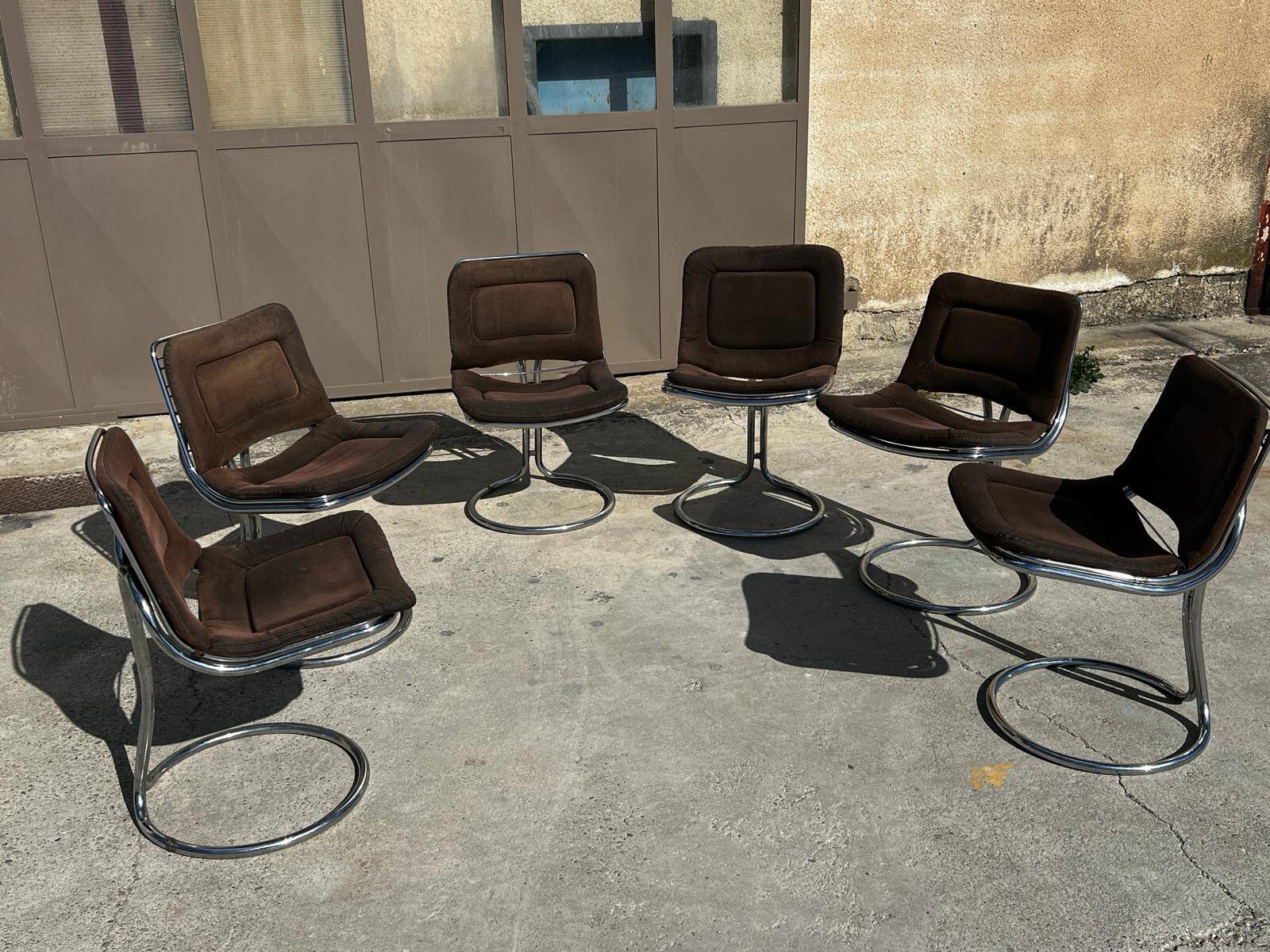 Set of 6 vintage Gastone Rinaldi style chrome steel chairs