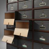 Industrial filing cabinet in wood with 30 original cardboard storage boxes, Belgium, 1920s