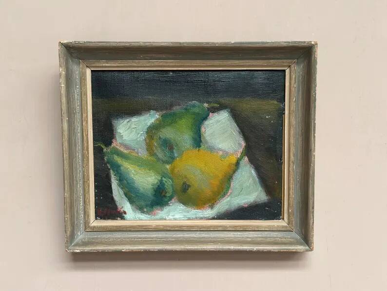 Swedish Original Oil on Panel – "Pears" by Elfrén – Signed – Vintage and Framed
