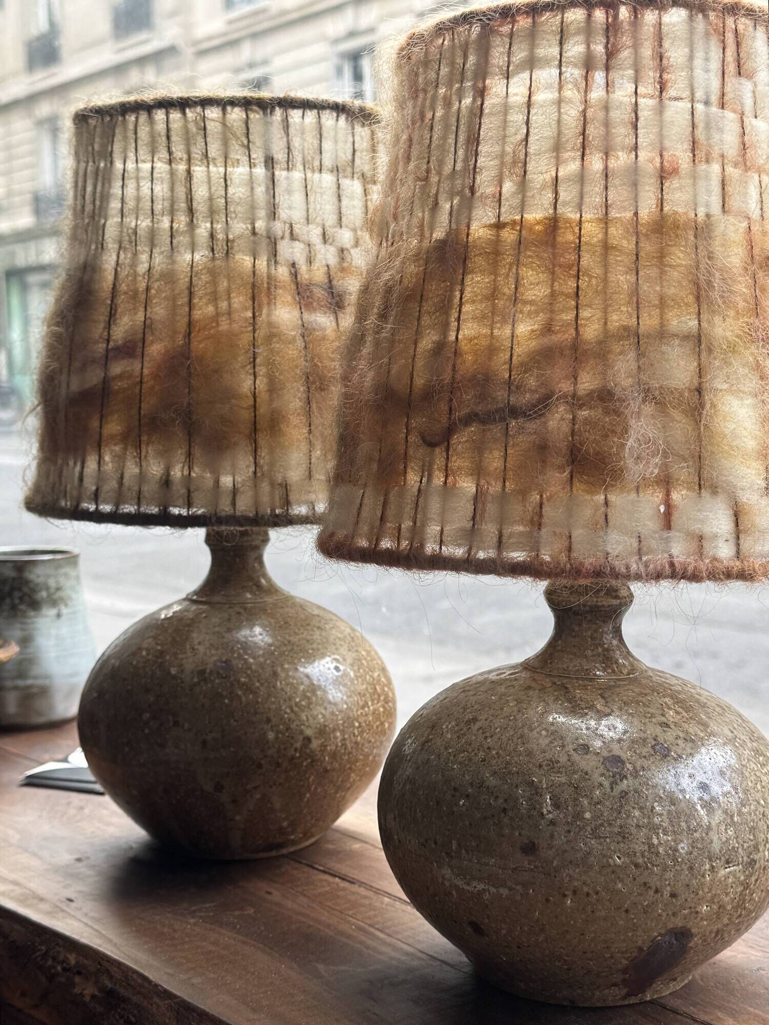 Ceramic table lamp in chamotte stoneware & wool, Alain Blanchard 1970