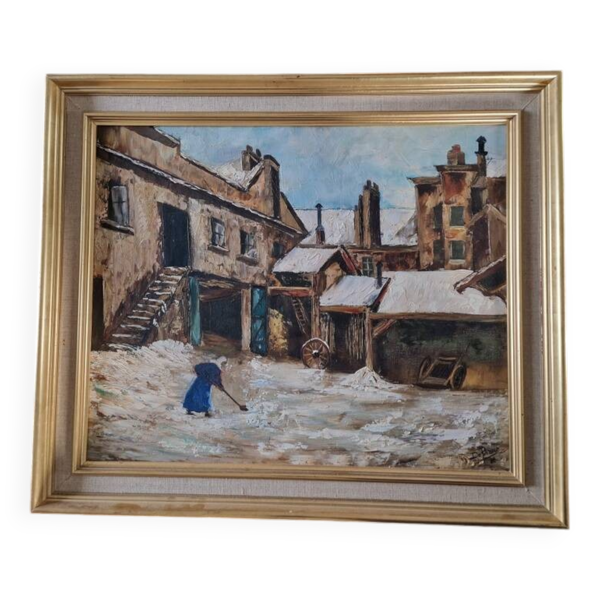 Lucien Delarue (1925-2011) - Huile sur toile - Intérieur de ferme sous la neige