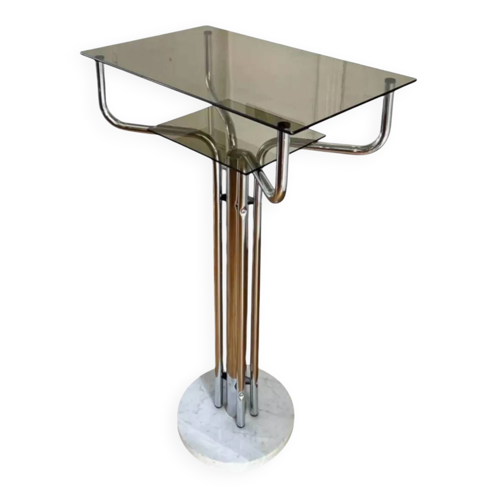 Table d’appoint métal chromé, marbre et verre fumé