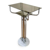 Table d’appoint métal chromé, marbre et verre fumé