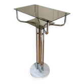 Table d’appoint métal chromé, marbre et verre fumé