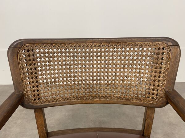 Fauteuil de bureau format bridge bois cuir et cannage années 20