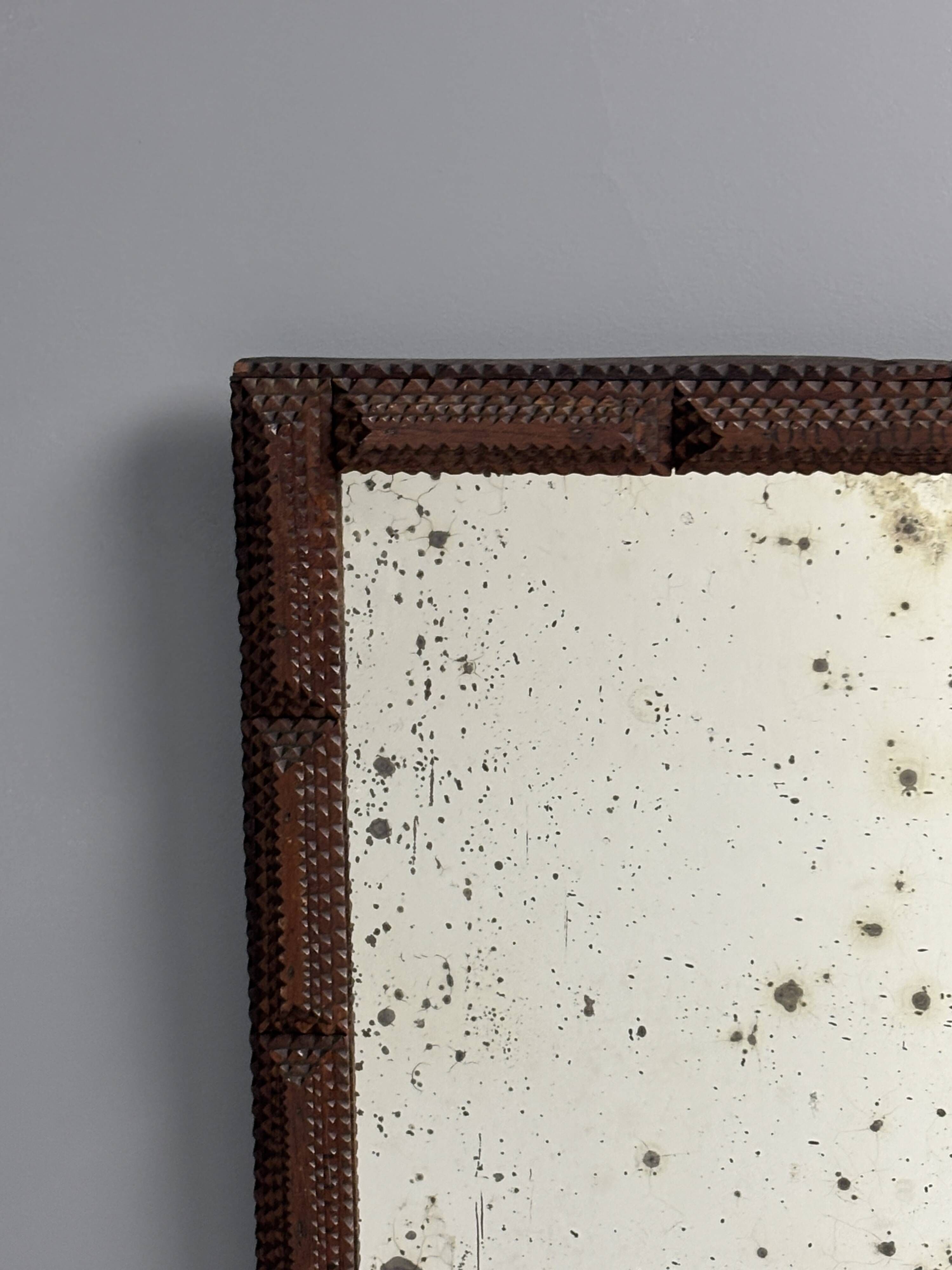 Antique tramp art folk art distressed mirror, Belgium ca 1900s