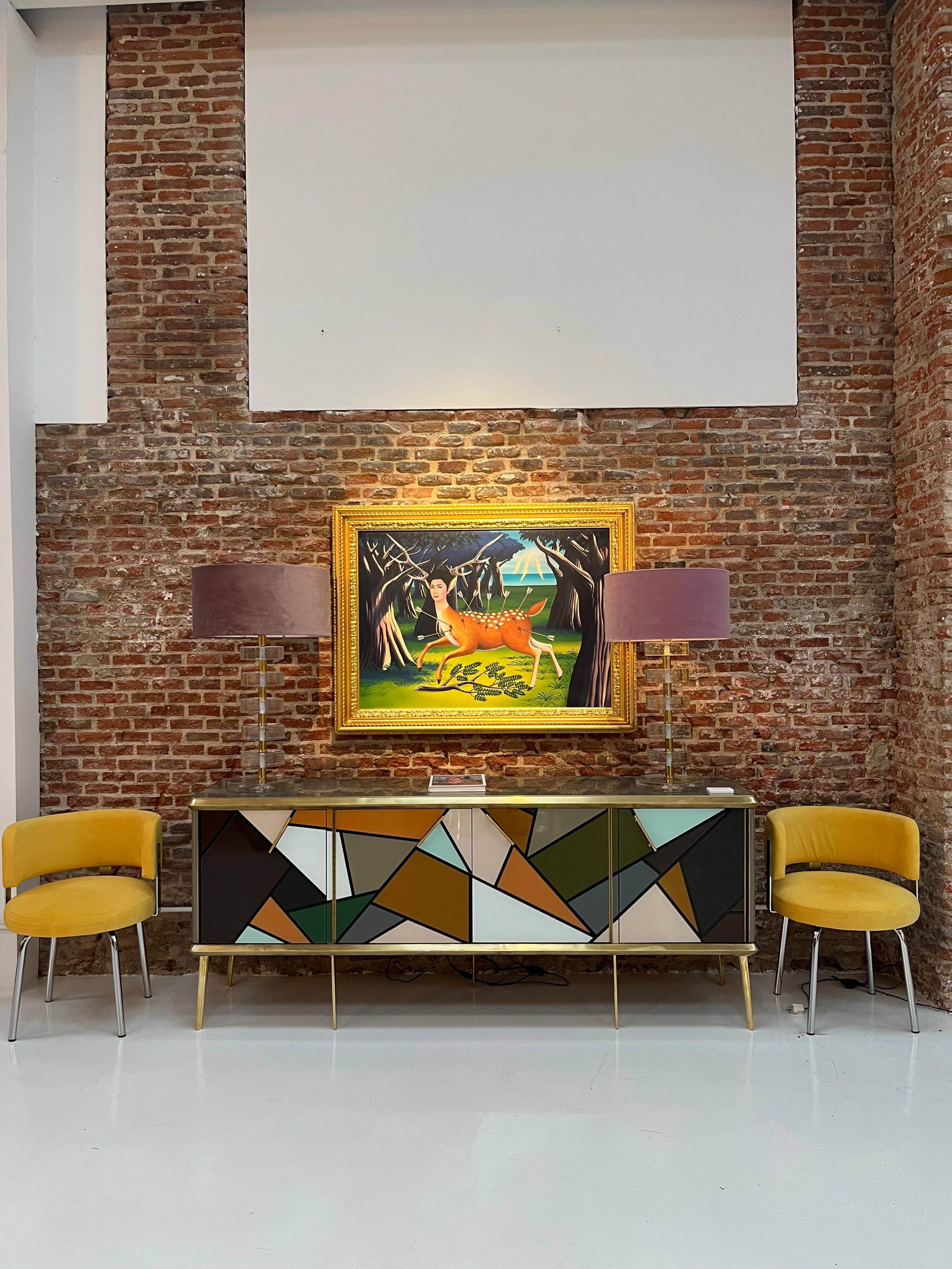 Mid-Century Modern Style Solid Wood Colored Glass and Brass Italian Sideboard