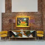 Mid-Century Modern Style Solid Wood Colored Glass and Brass Italian Sideboard