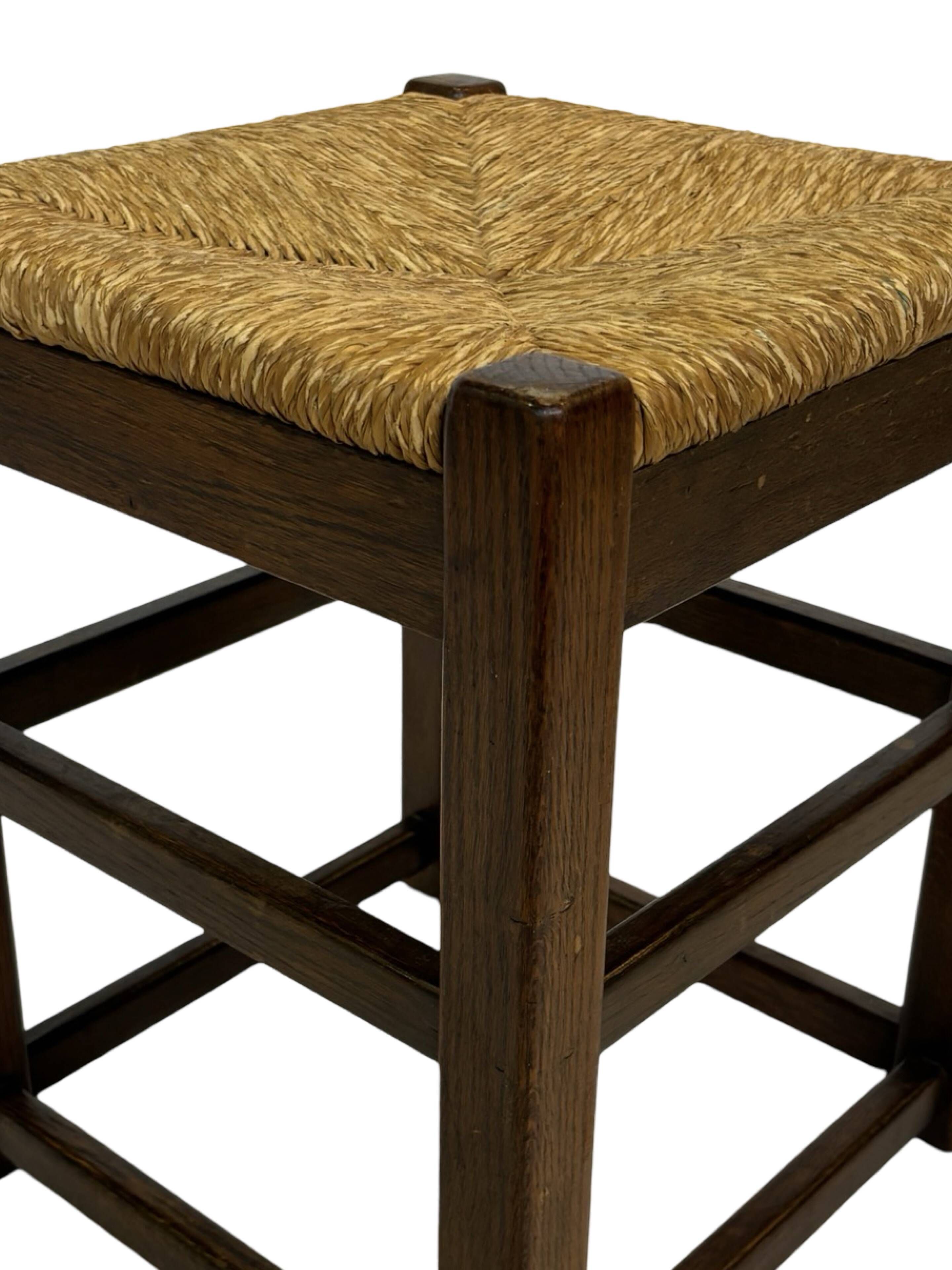 Vintage wooden stool straw seat 60s minimalist design