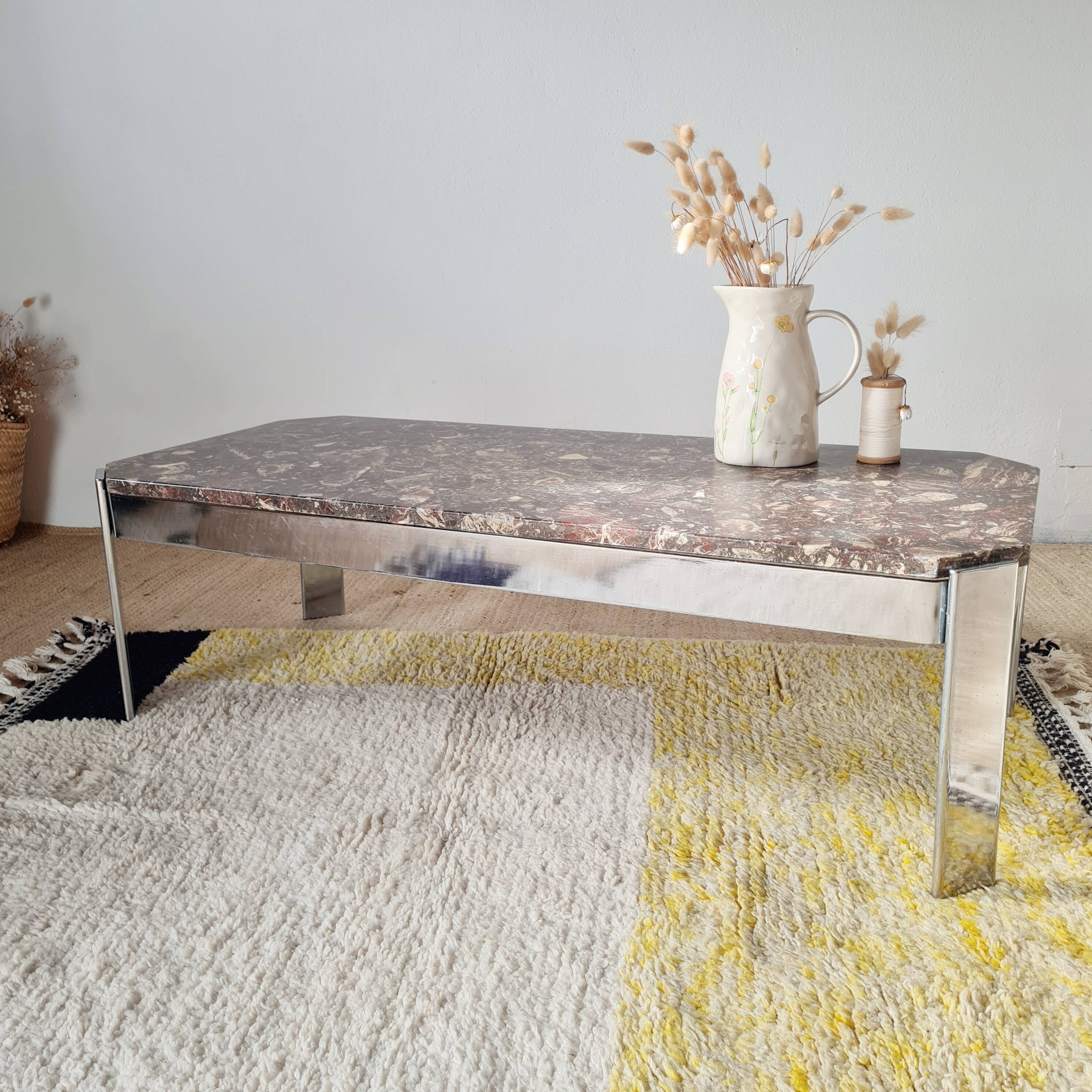 1970s marble and chrome metal coffee table