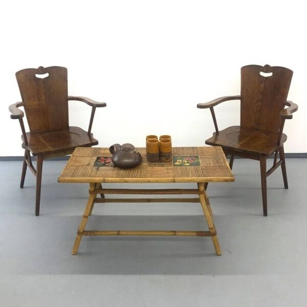 Table basse en rotin avec carreaux de céramique, années 60