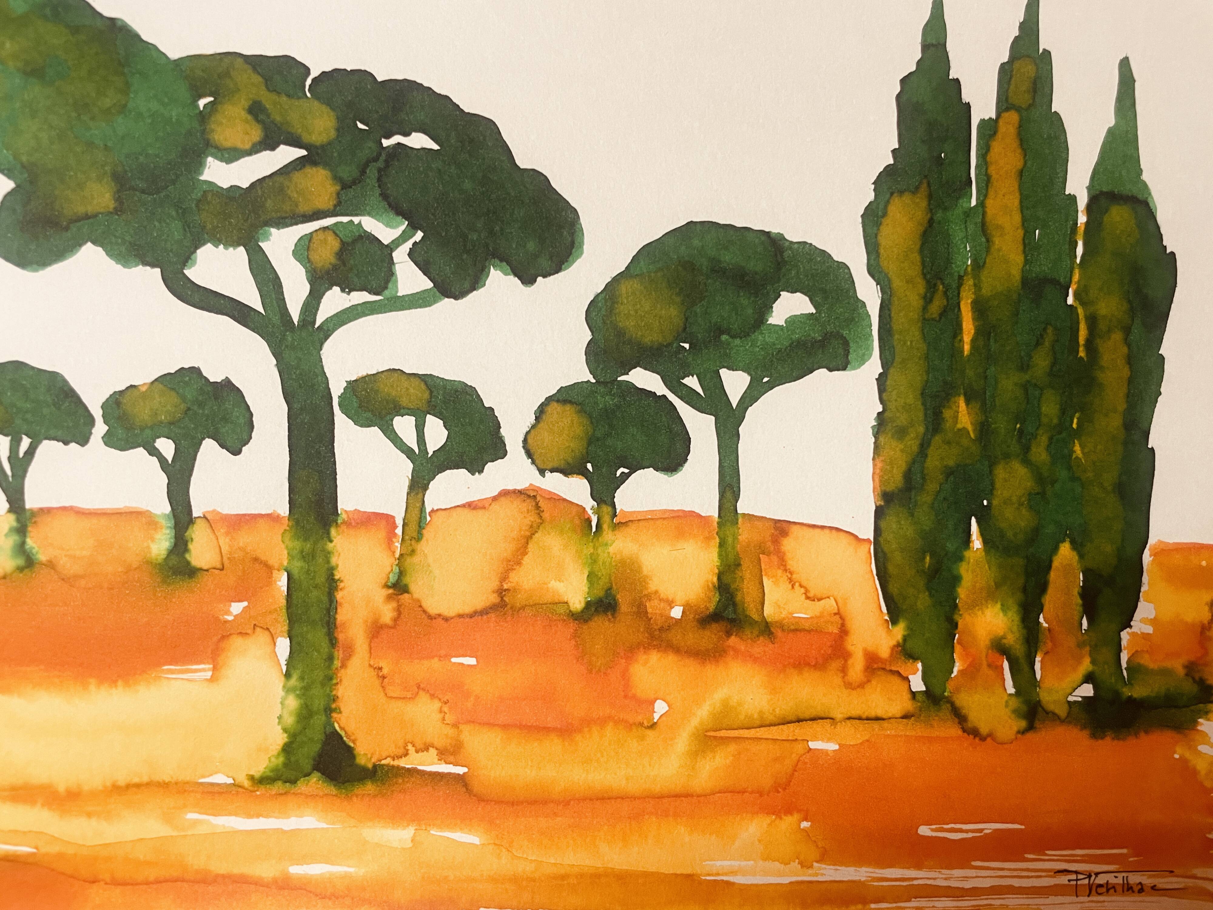 Tableau signé paysage « Lever de soleil provençal dans la pinède »