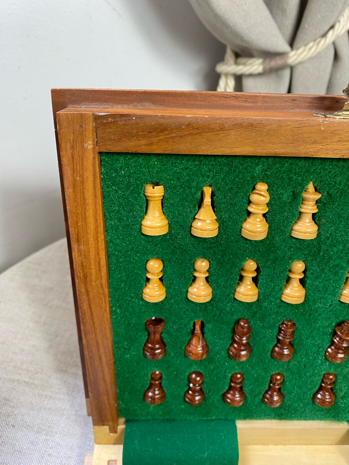 Wooden travel chess set, marquetry board