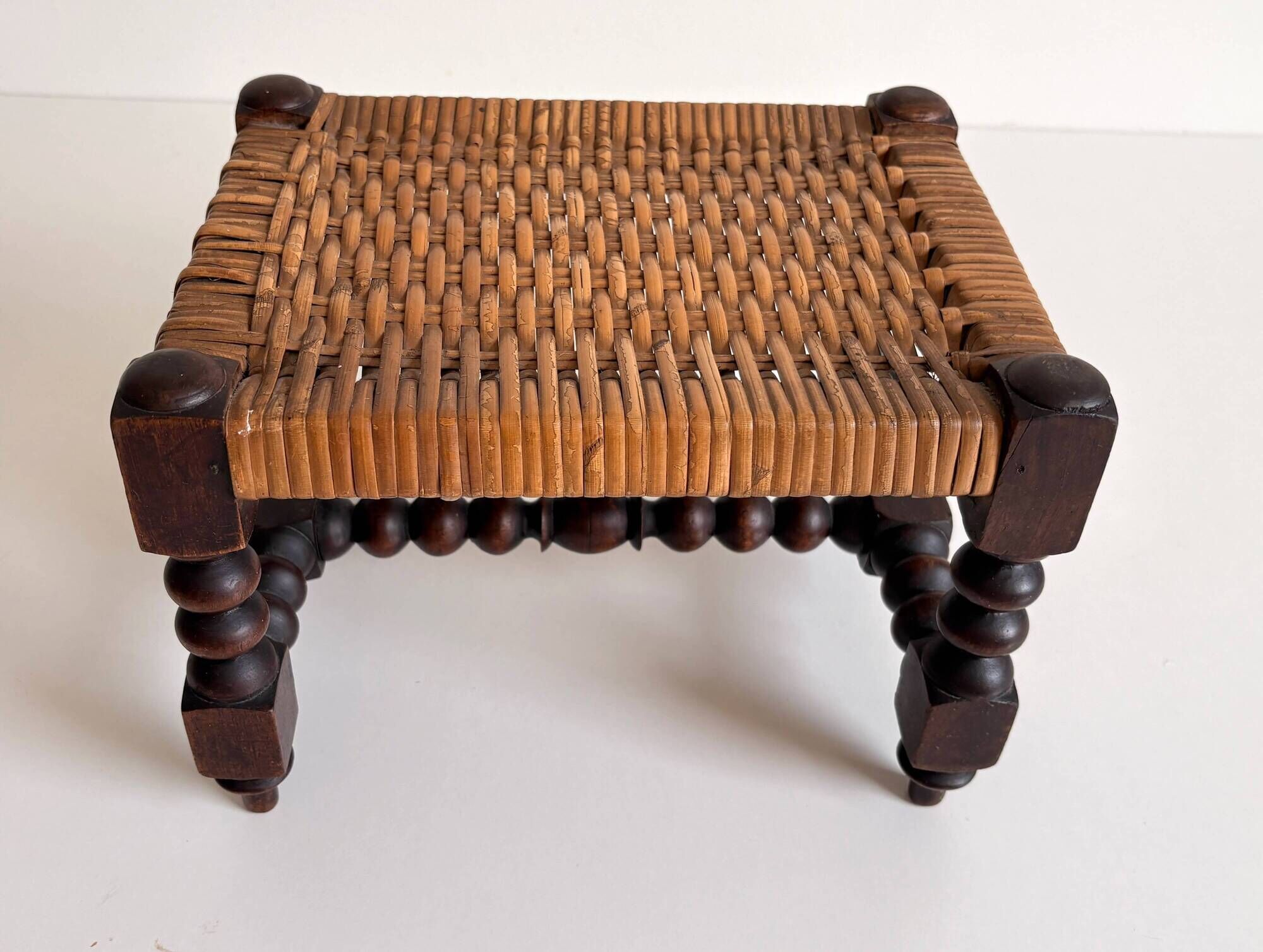 Antique French Turned Wood and Woven Rattan Footstool/ Sidetable