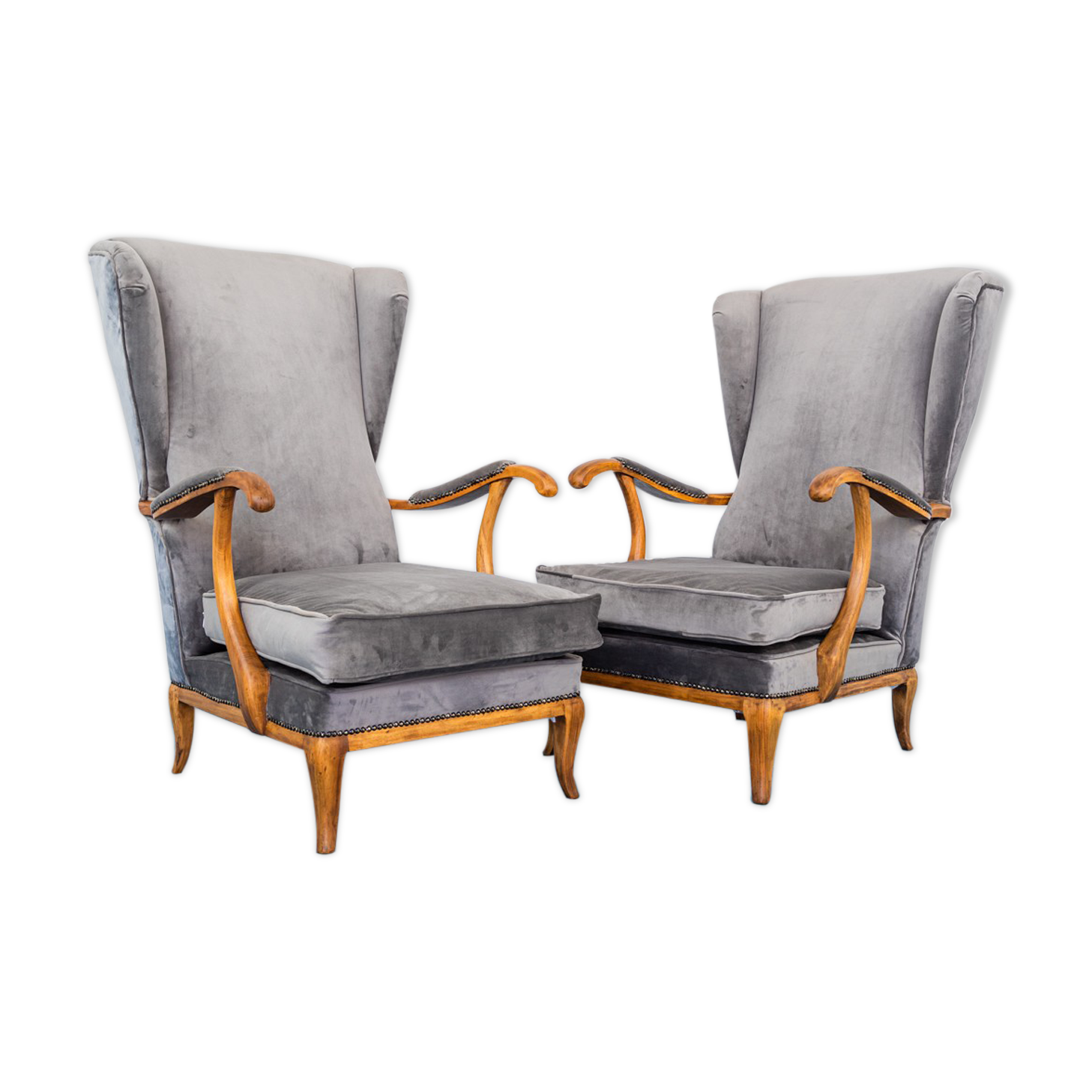 Set 2 armchairs velvet wood walnut design 1950s vintage