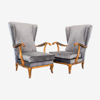 Set 2 armchairs velvet wood walnut design 1950s vintage