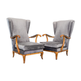 Ensemble de 2 fauteuils velours bois noyer des années 50 vintage