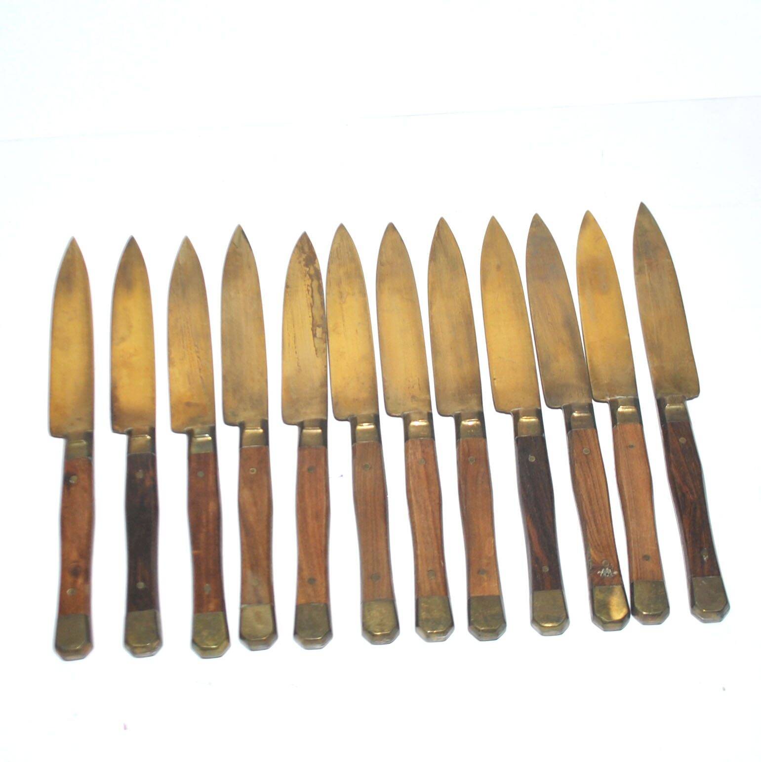 Set of 12 vintage gilded brass and wood cheese knives 1950 Coutelier Martin