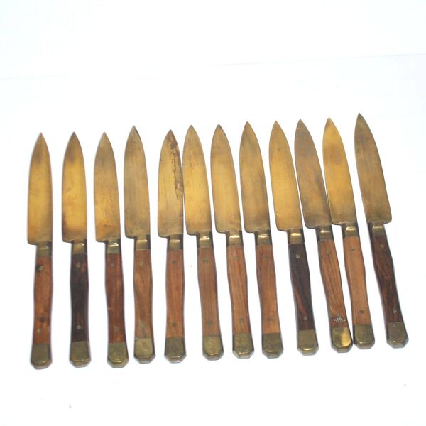 Lot de 12 couteaux à fromage vintage dorés en laiton et bois 1950 Coutelier Martin