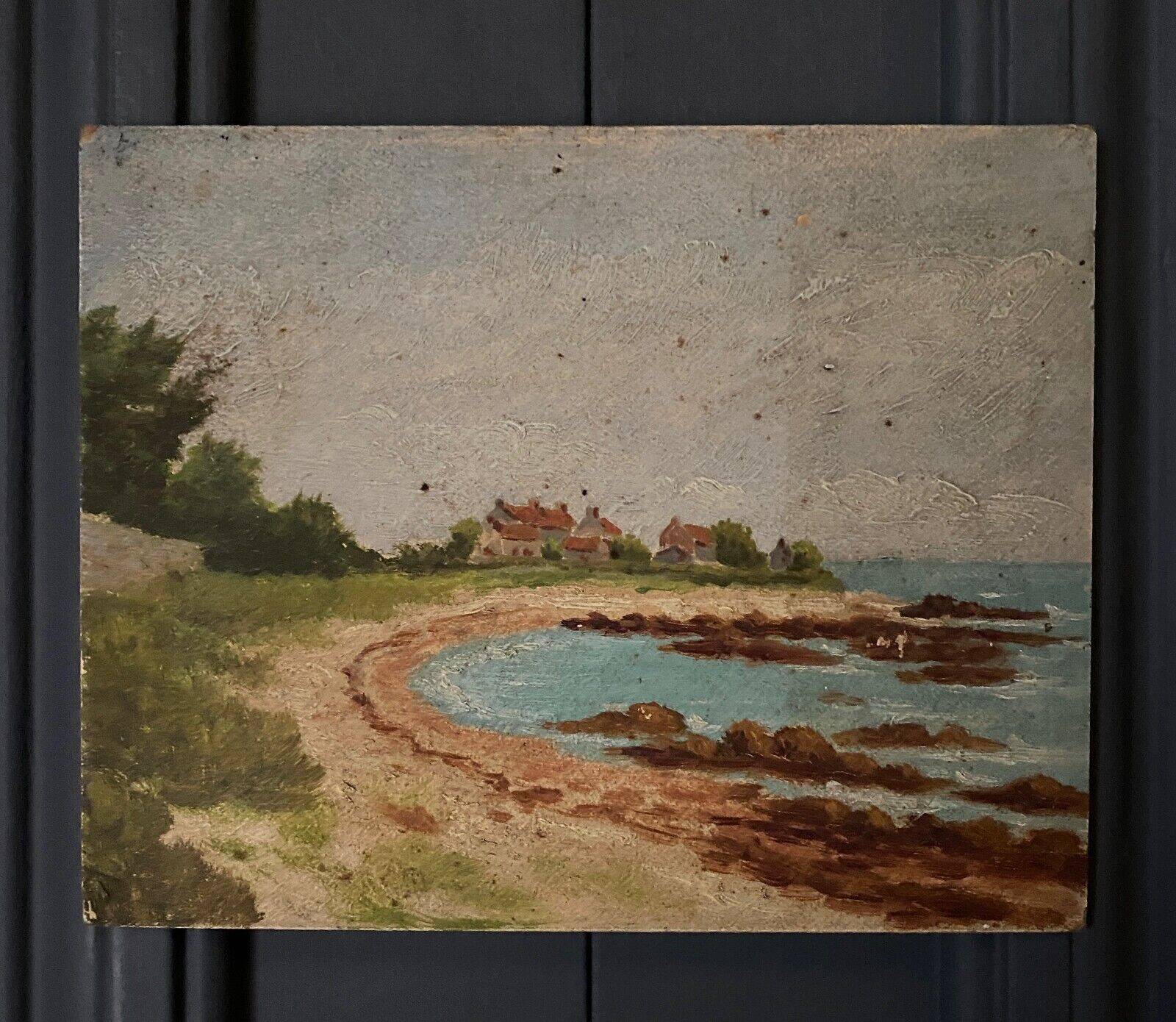Oil on cardboard seaside beach landscape 1930