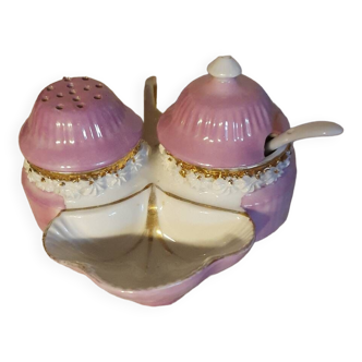 Condiment service salt shaker mustard pepper shaker in pink, white and gold porcelain