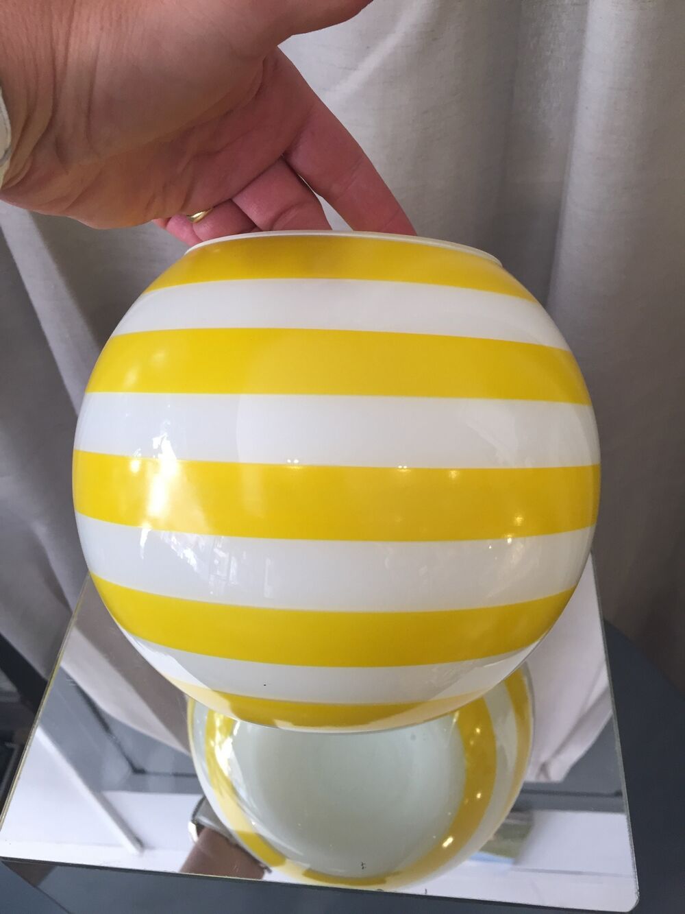 Opaline ball vase stripes bayaderes white and yellow