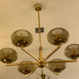 Italian Sciolari chandelier in brass, 6 burners with smoked glass, 1970