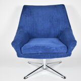 Vintage cord armchair shell, Deutsche democratic republic, ddr, 1960s, blue, chrome
