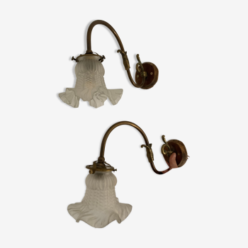 Set of 2 classic Art Deco antique sconces with wood and bronze and tulip glass