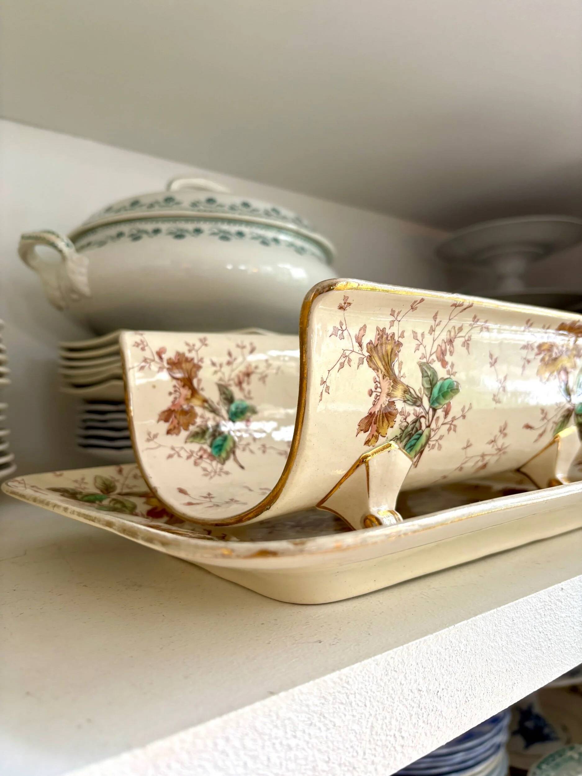 Lunéville asparagus dish in polychrome and gilded ironstone