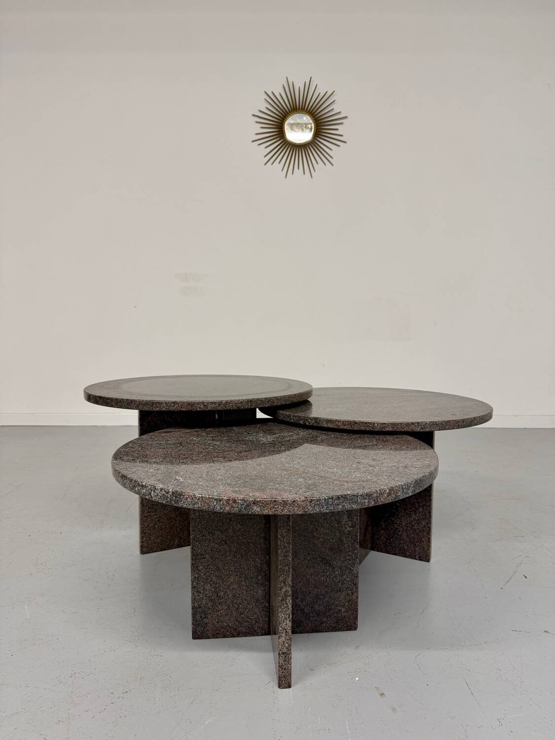 Vintage 1970s design round granite nesting coffee table with 3 elements.