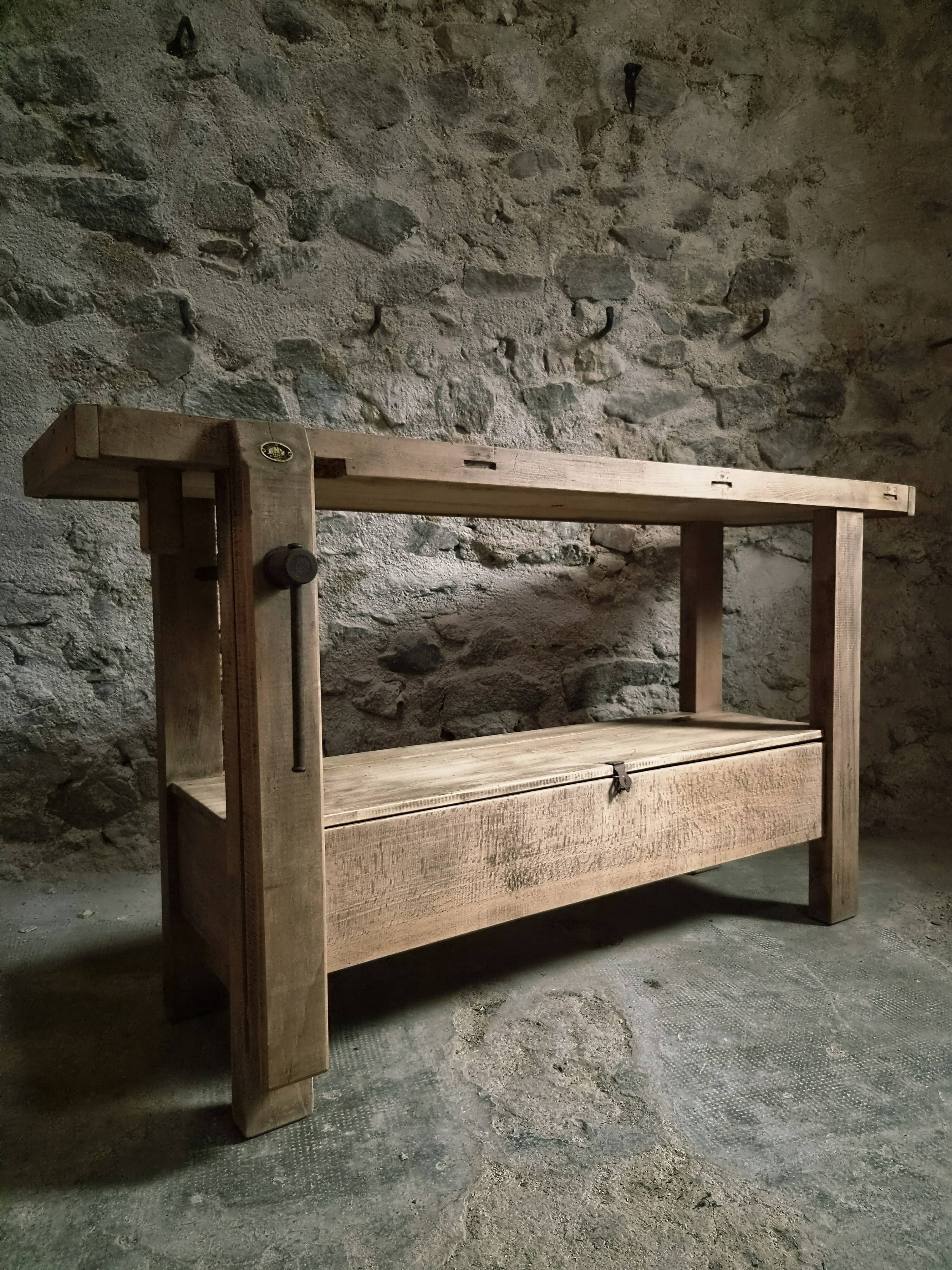 Vintage French beech side table, console, washbasin unit, industrial side table, circa 1950–1970.