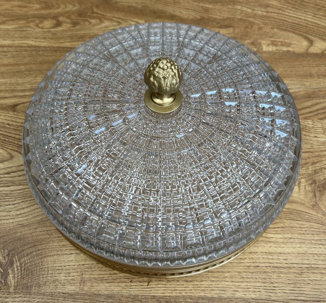Lucien Gau ceiling light, crystal and old gold brass, vintage