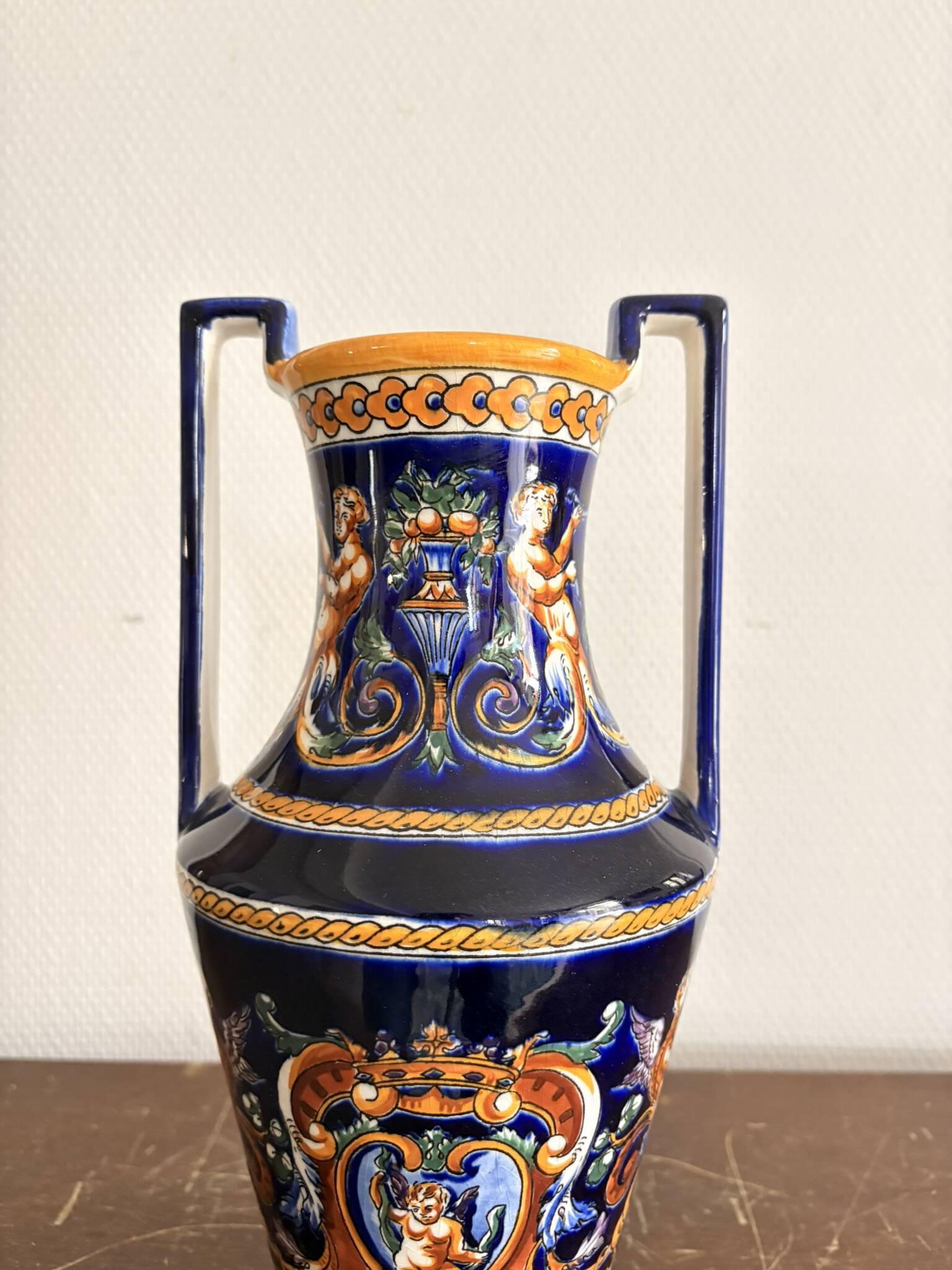 Ancient Double-Handled Vase Faience Gien Renaissance Model Italian Majolica