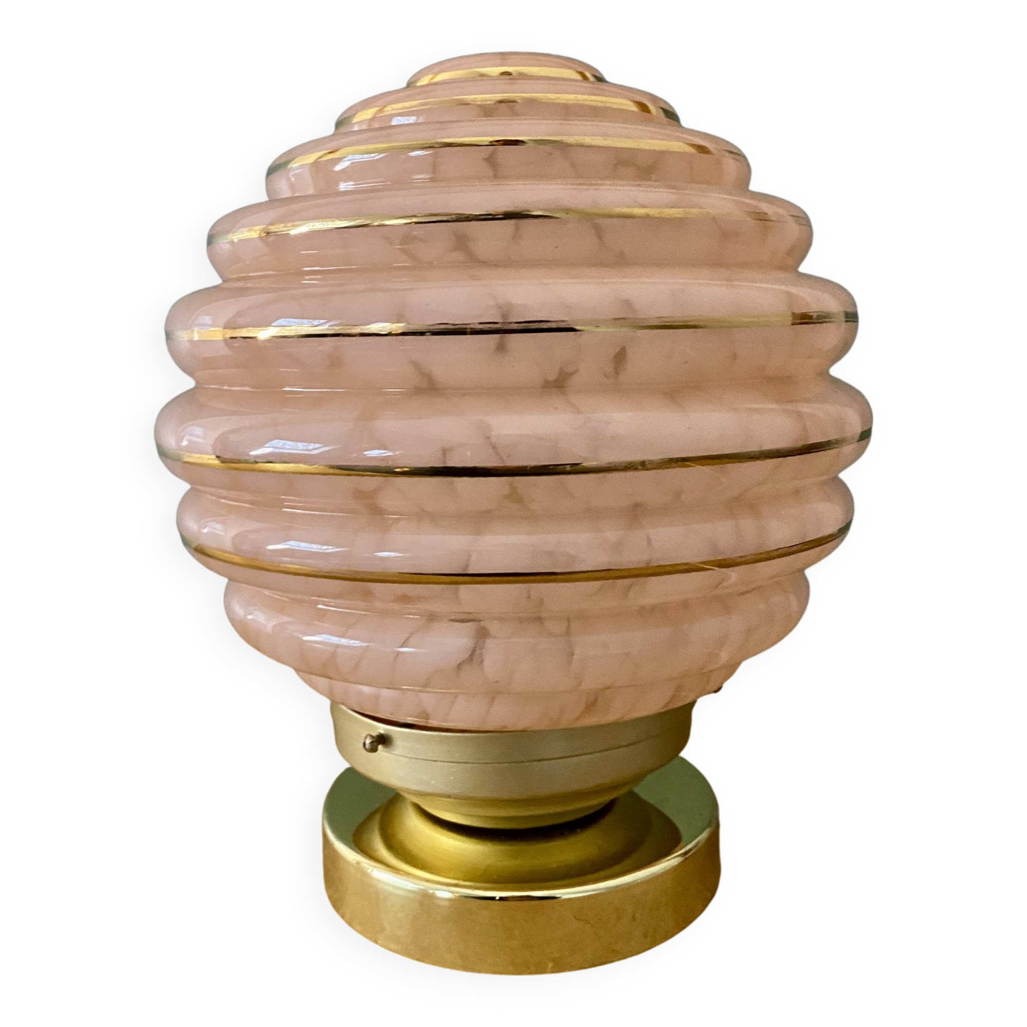 Vintage art deco globe table lamp in pink and gold Clichy glass