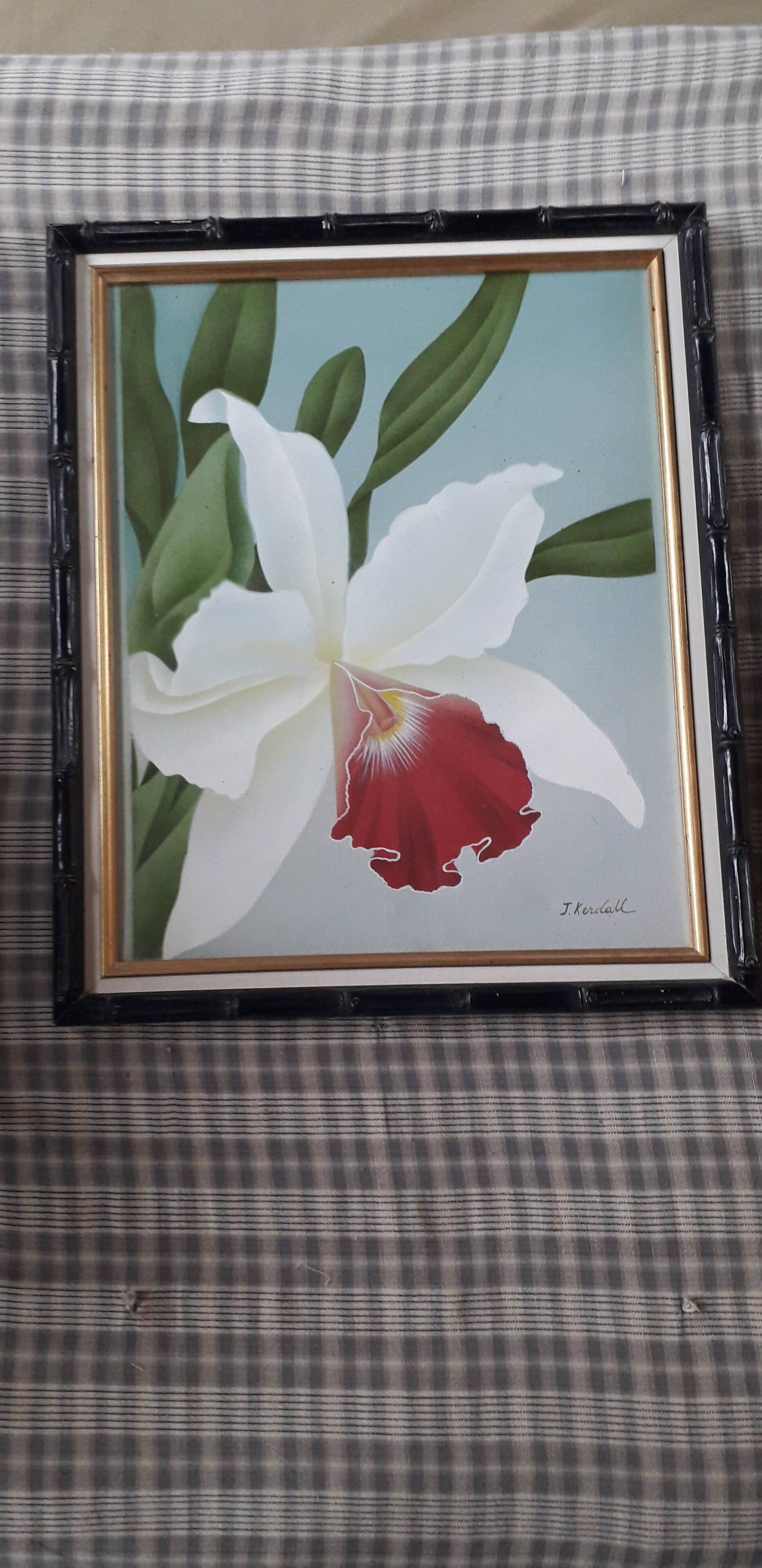Old oil painting on canvas representing a flower
