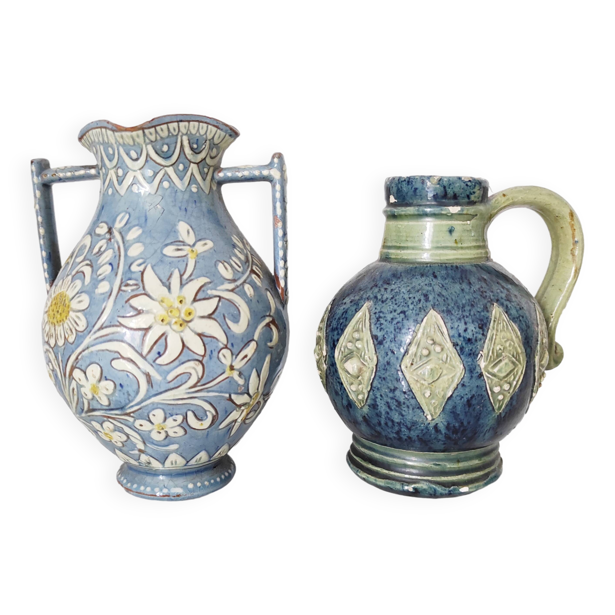 Two small blue ceramic vases