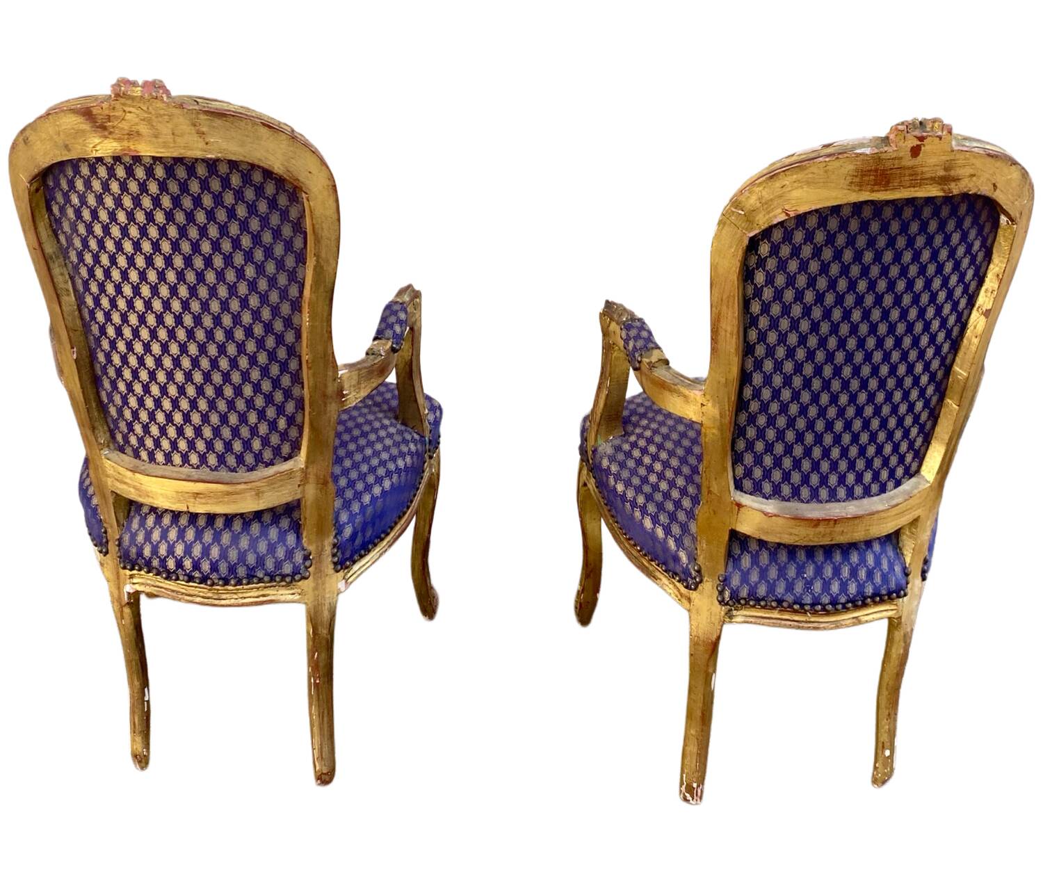 Pair of baroque armchairs in Louis XV style with blue satin fabric.