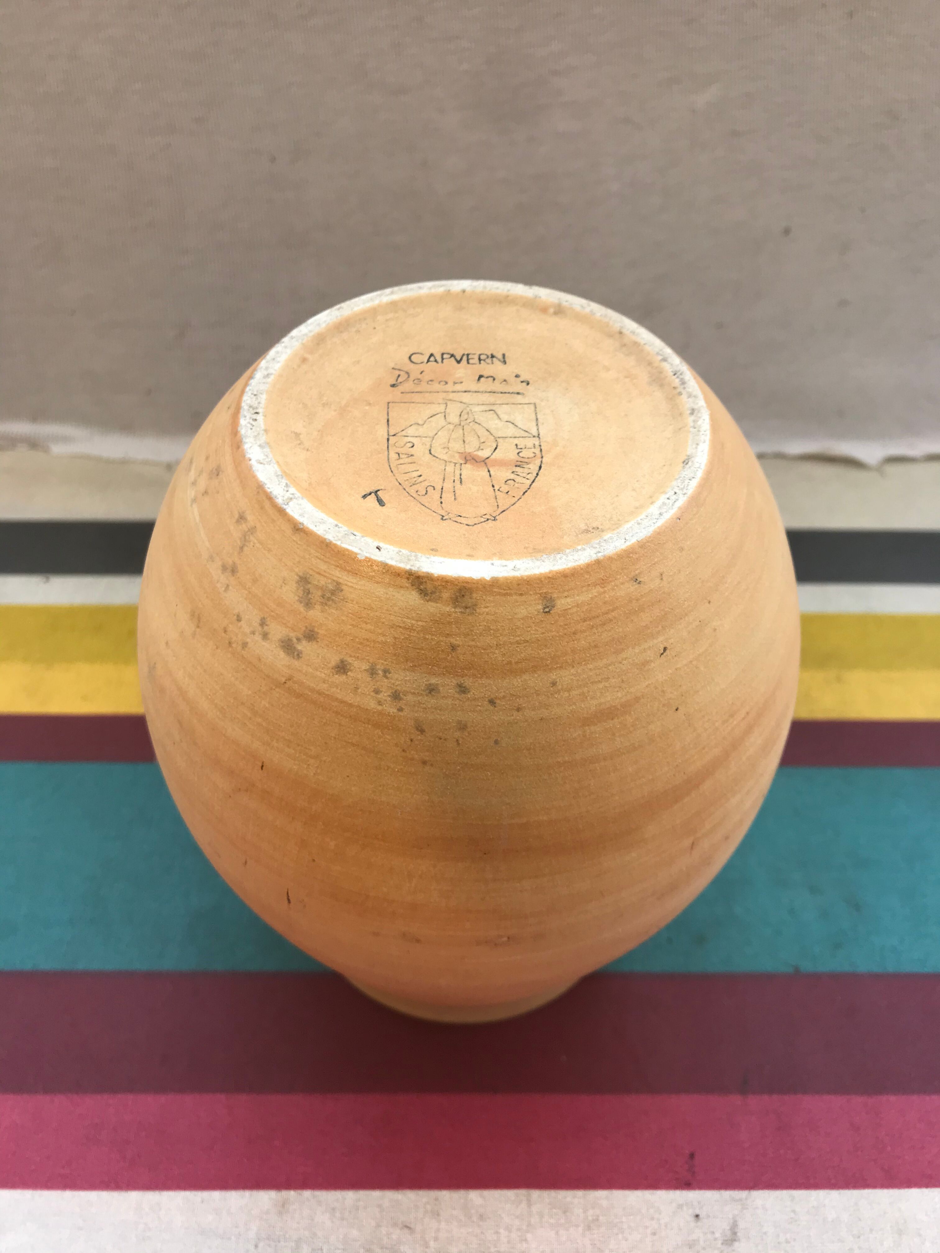 Vase Old CeramicCAPVERN Main Decoration Salins FRANCE Beige inter. Vintage Green