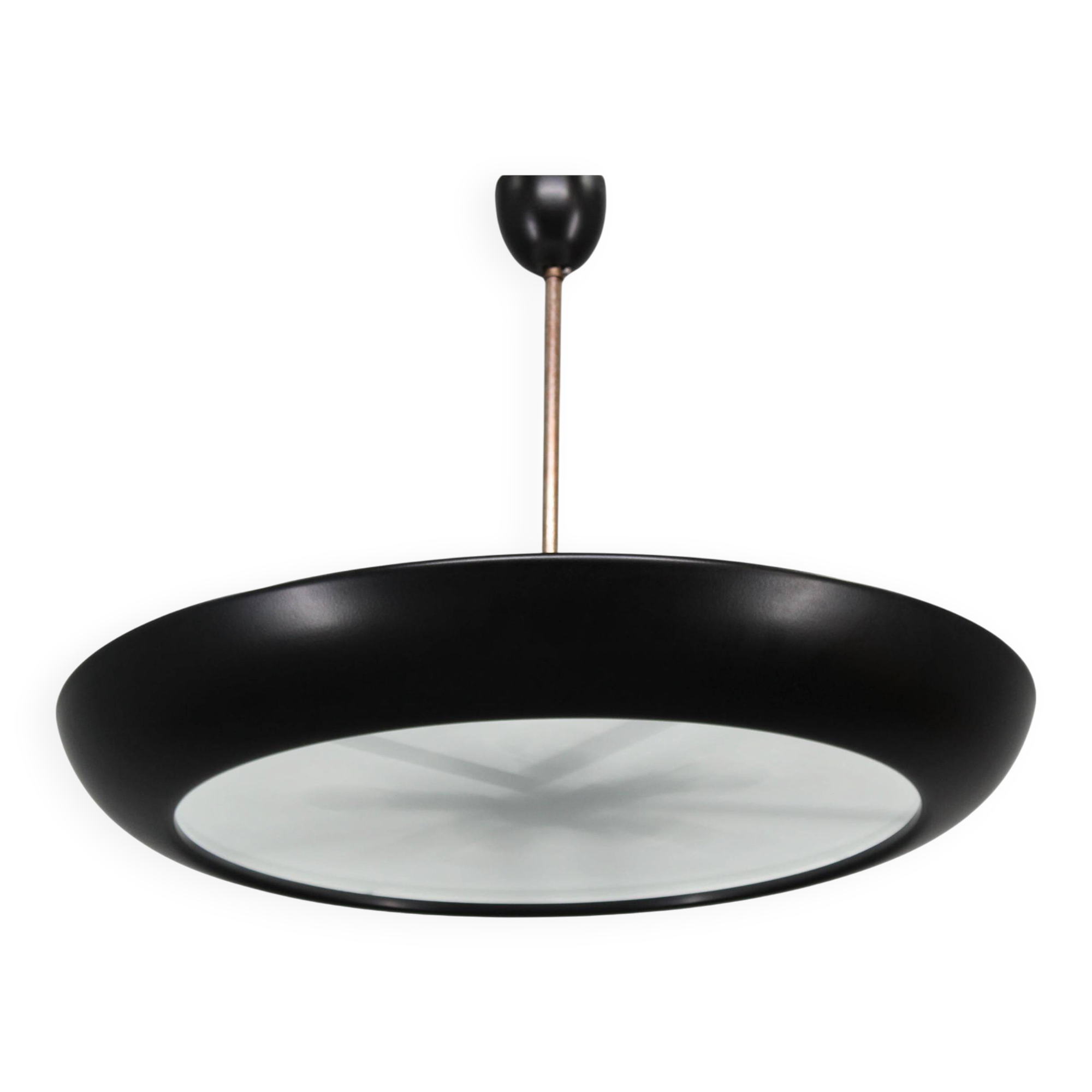1940s Josef Hůrka for Napako Bauhaus UFO pendant light, metal & glass, restored