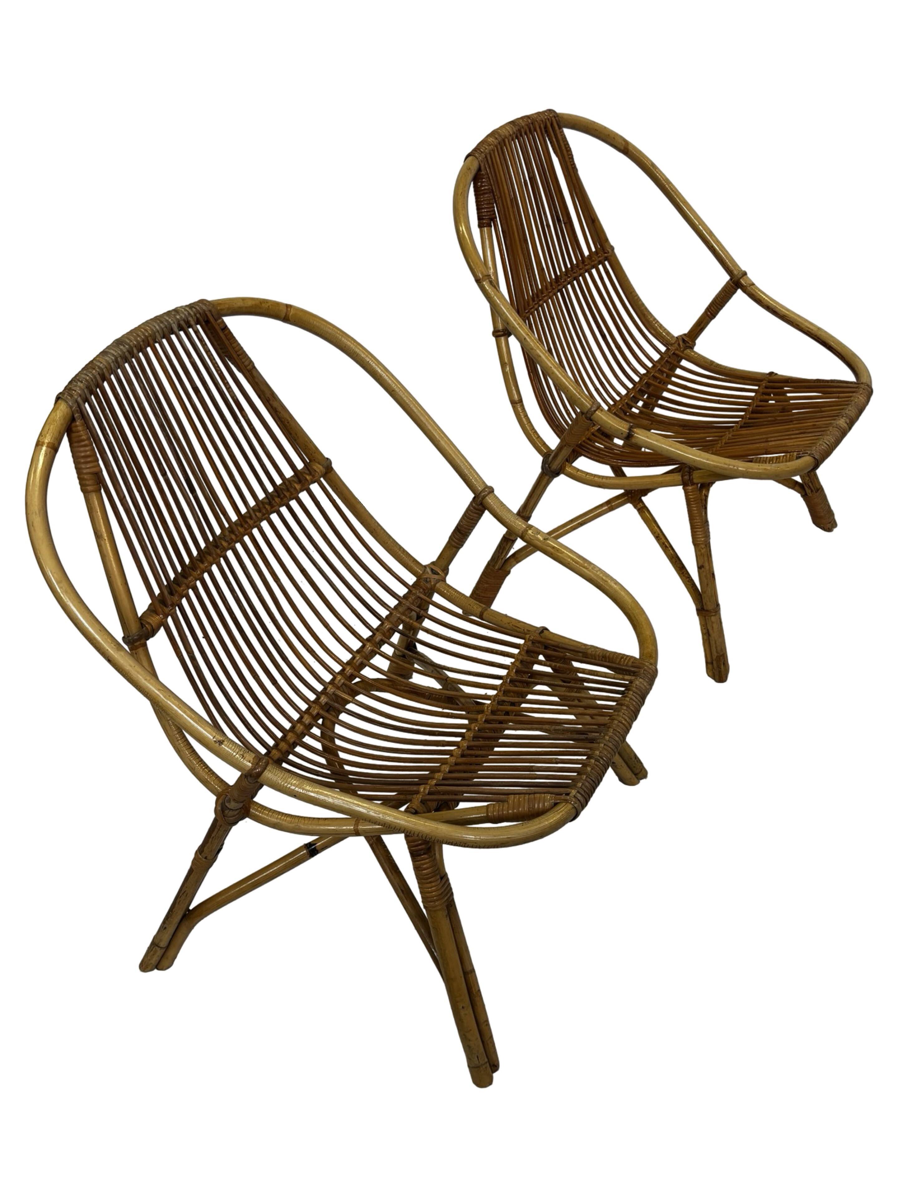 Ensemble vintage de 4 fauteuils club en rotin Rohe Noordwolde 1960