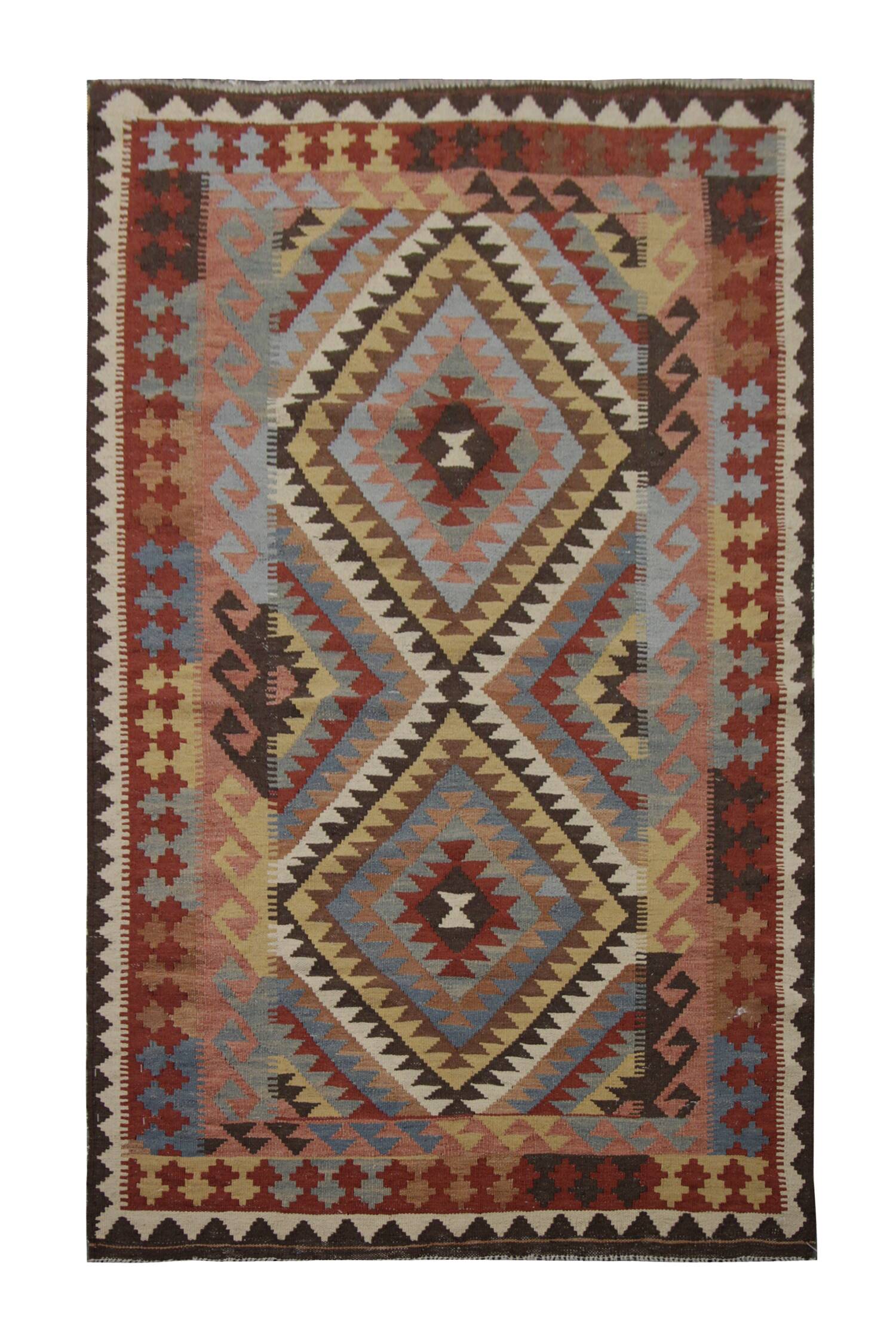 Geometric Tribal Kilim Rug, Handmade Wool Rug in Earthy Browns 104 x 188 cm