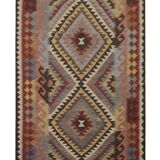 Geometric Tribal Kilim Rug, Handmade Wool Rug in Earthy Browns 104 x 188 cm
