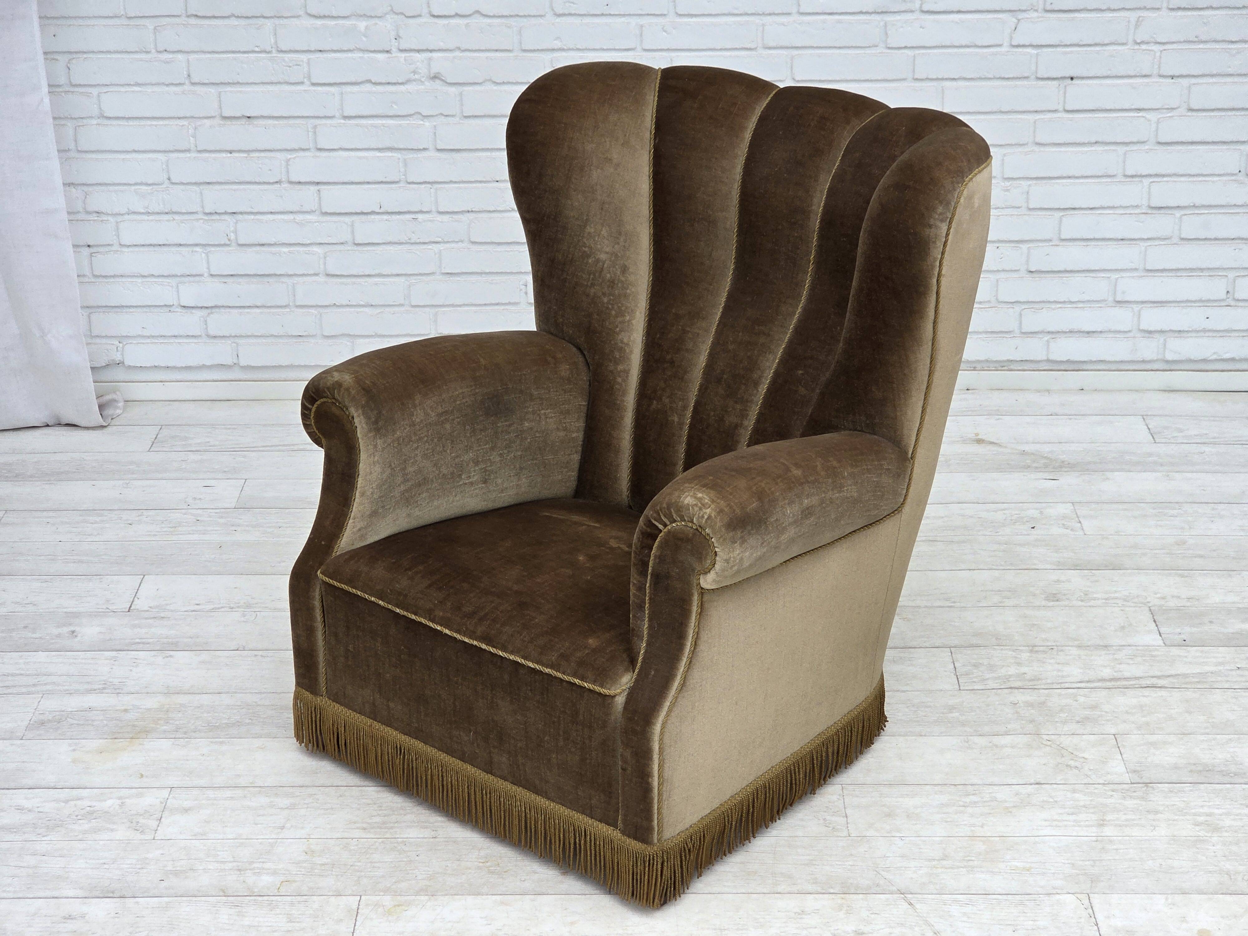 1960s, Danish relax armchair, dark green furniture velour, ash wood.