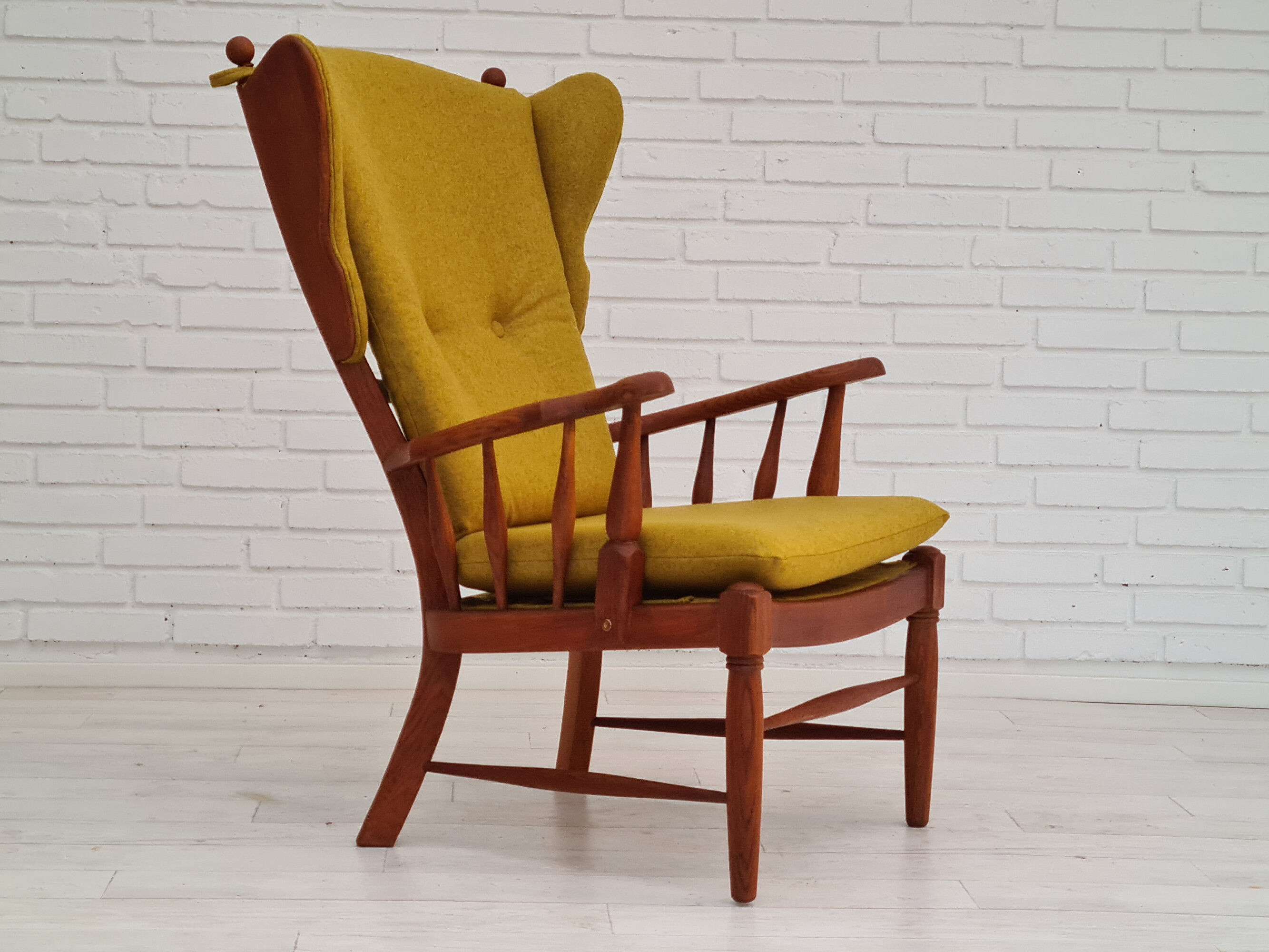 Danish high-backed ear flap chair, 1960s, reupholstered, solid oak, furniture wool