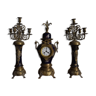 Horloge à manteau antique avec ensemble de pots décoratifs, horloge de table à manteau en céramique