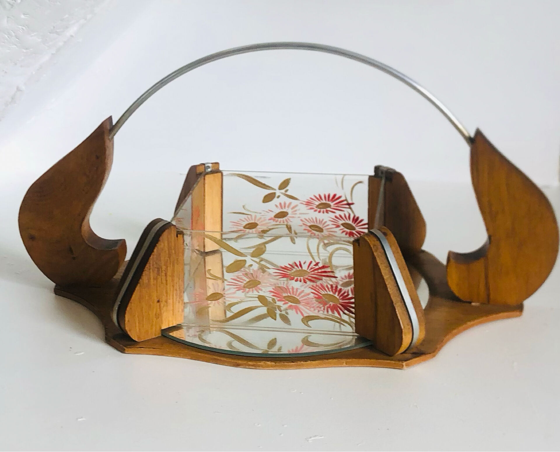 Vintage painted glass tray, wood and mirror