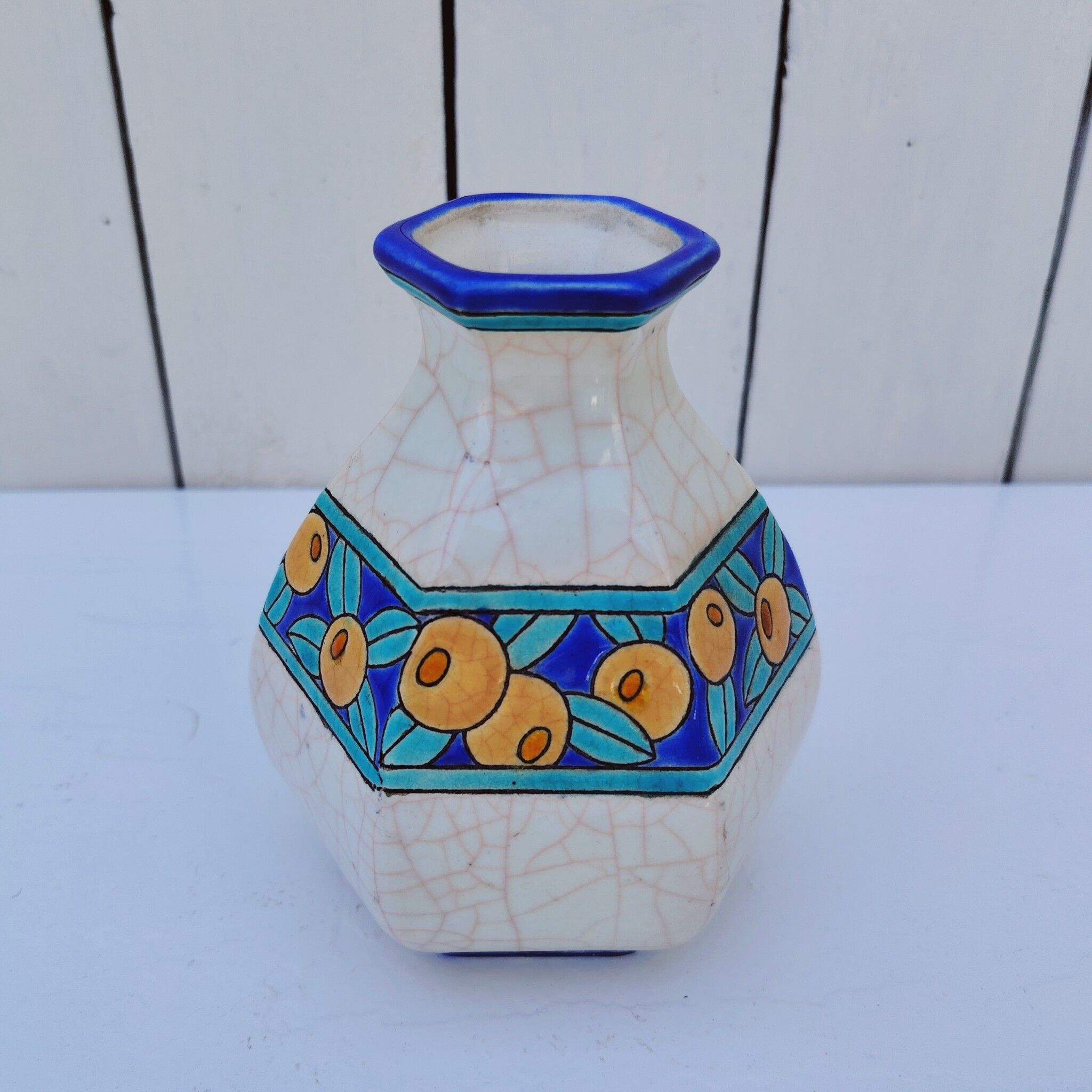 Vase art déco, émaux de Longwy, décor floral, vintage
